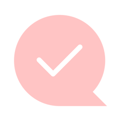 Pink speech bubble icon with white tick in centre