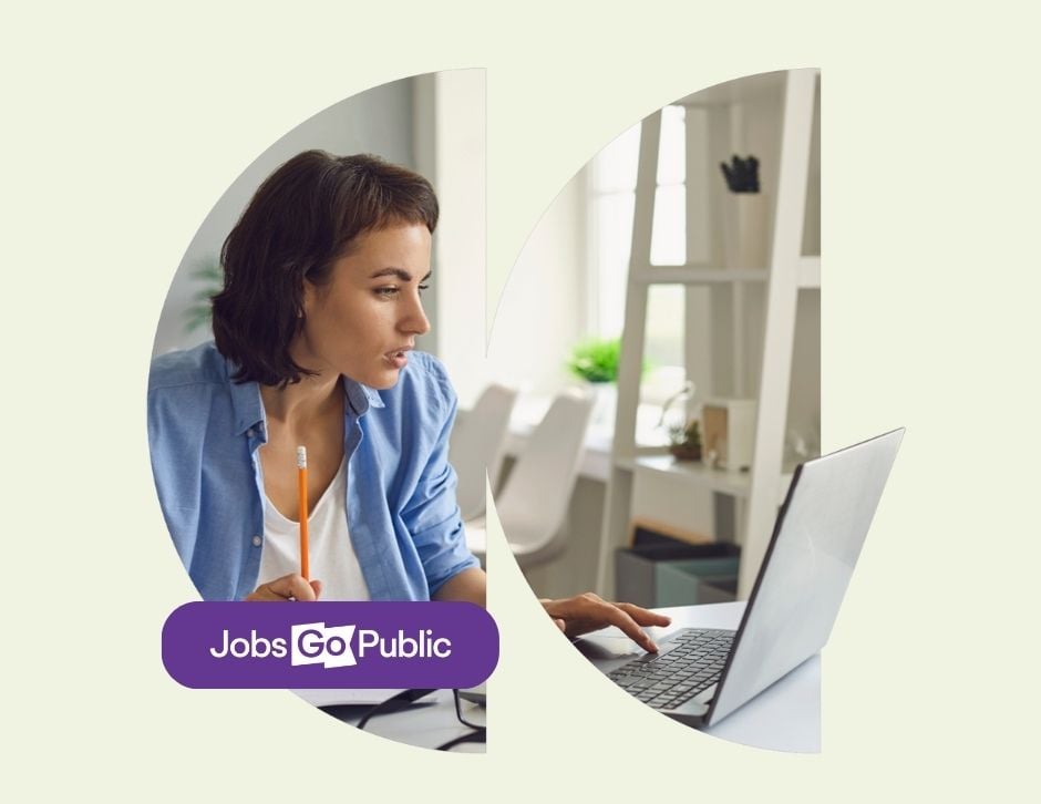 Beige background with graphic of a woman concentrating deeply on her laptop at an office desk