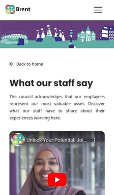 Screenshot of mobile version of Brent adult social care careers site. The heading states "What our staff say" and there is a thumbnail of a video about the Service area.