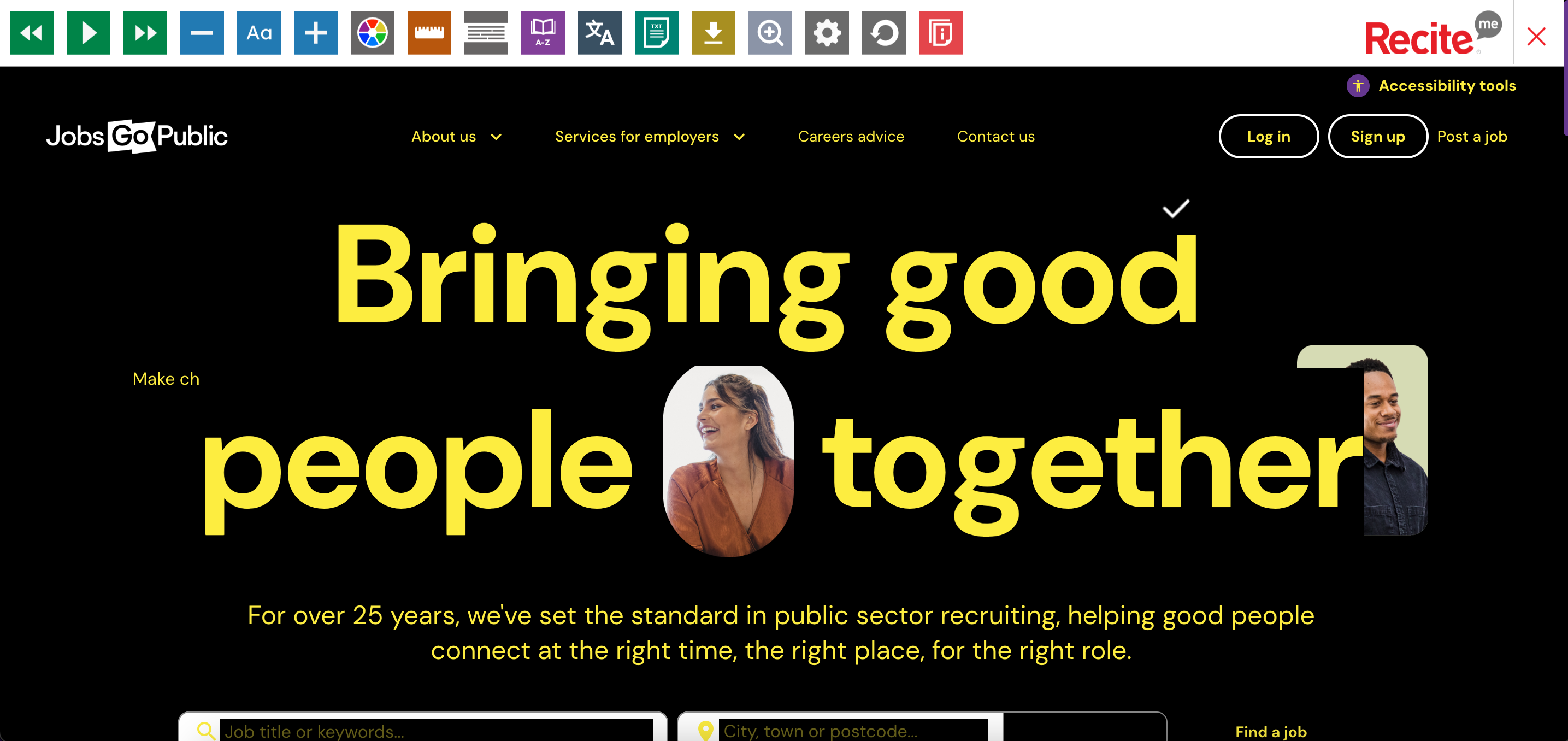 A screen capture of Jobs Go Public homepage with a black background and contrasting yellow text