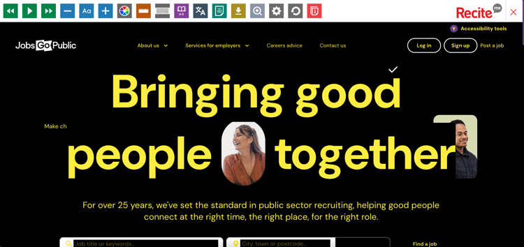 The Jobs Go Public homepage in a dark colour scheme with black background and yellow font