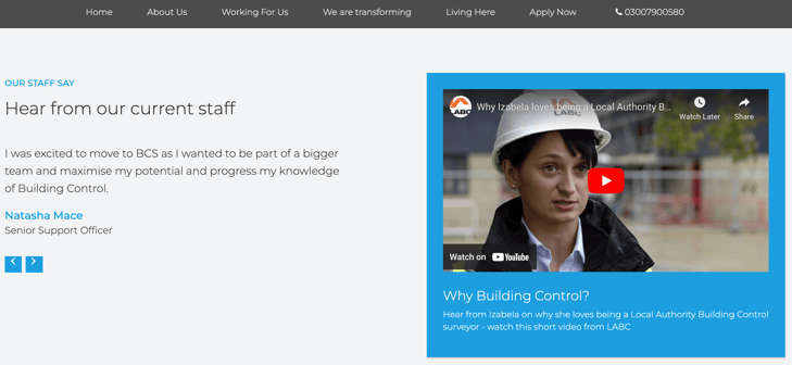 Building Control Solutions employee testimonial page with Youtube video thumbnail. Video features a surveyor in the thumbnail and is title: Why Izabela lobes being a Local Authority Building Surveyor
