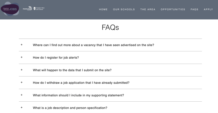 Cheshire Schools Jobs FAQ section screenshot. Questions: Where can I find out more about a vacancy that I have seen advertised on the site? How do I register for job alerts? What will happen to the data that I submit on the site? How do I withdraw a job application that I have already submitted? What information should I include in my supporting statement? What is a job description and person specification?