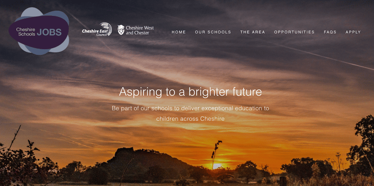 Cheshire Schools jobs page header screenshot. The title says "Aspiring to a brighter future" with the subtitle "Be part of our schools to deliver exceptional education to children across Cheshire". The background image is a local sunset.