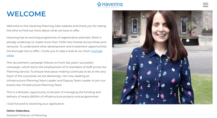 London Borough of Havering careers site welcome. Features an image of the Assistant Director of Planning and a welcome statement to their careers site.