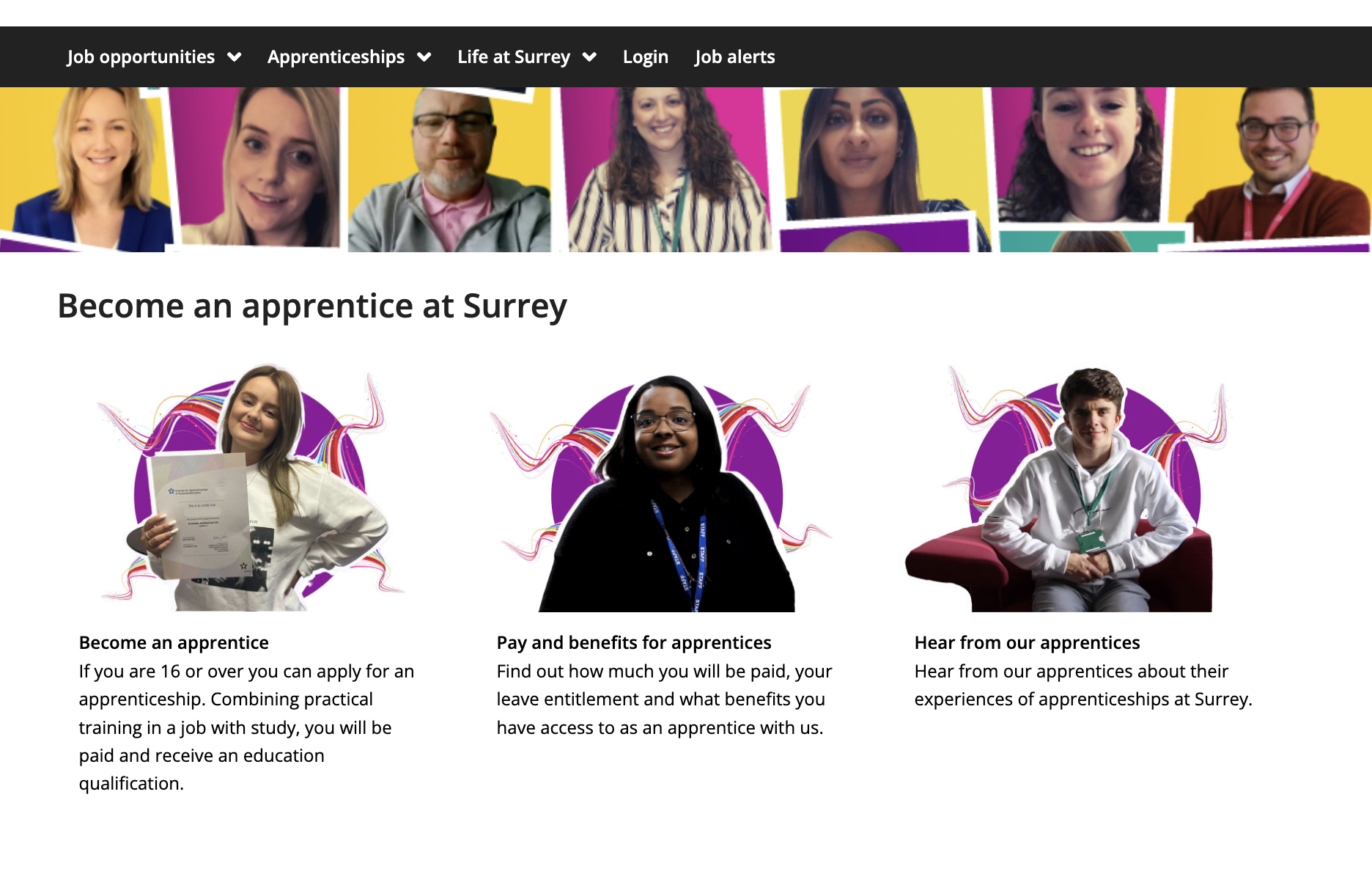 Screenshot of Surrey careers site apprenticeship module