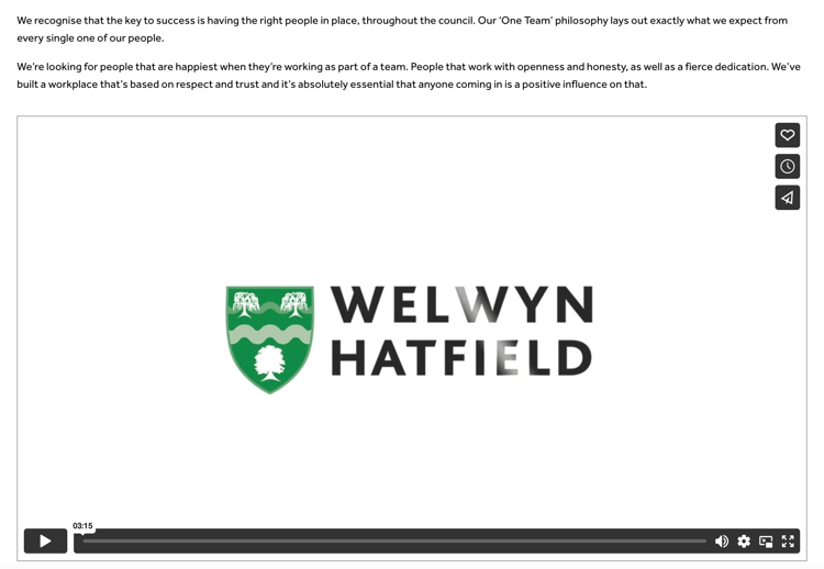 Welwyn Hatfield Borough Council: employer brand video screenshot. The video thumbnail depicts the council's logo.