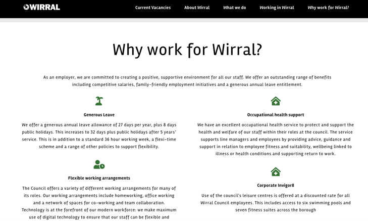 Wirral Council Jobs benefits page. Features 4 icons with Generous Leave, Occupational health support, Flexible working arrangements, Corporate invigor8. Page title: Why work for Wirral?