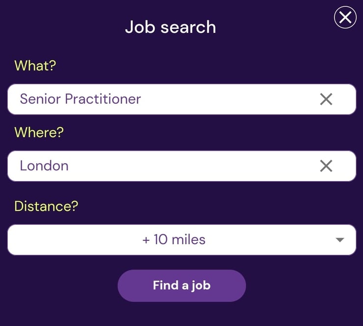 Jobs Go Public search bar screenshot. Background is dark purple with white search bars. Title: Job search. What? "Senior Practitioner" Where? "London" Distance? "+10 miles". Underneath is a lighter purple "Find a job" button