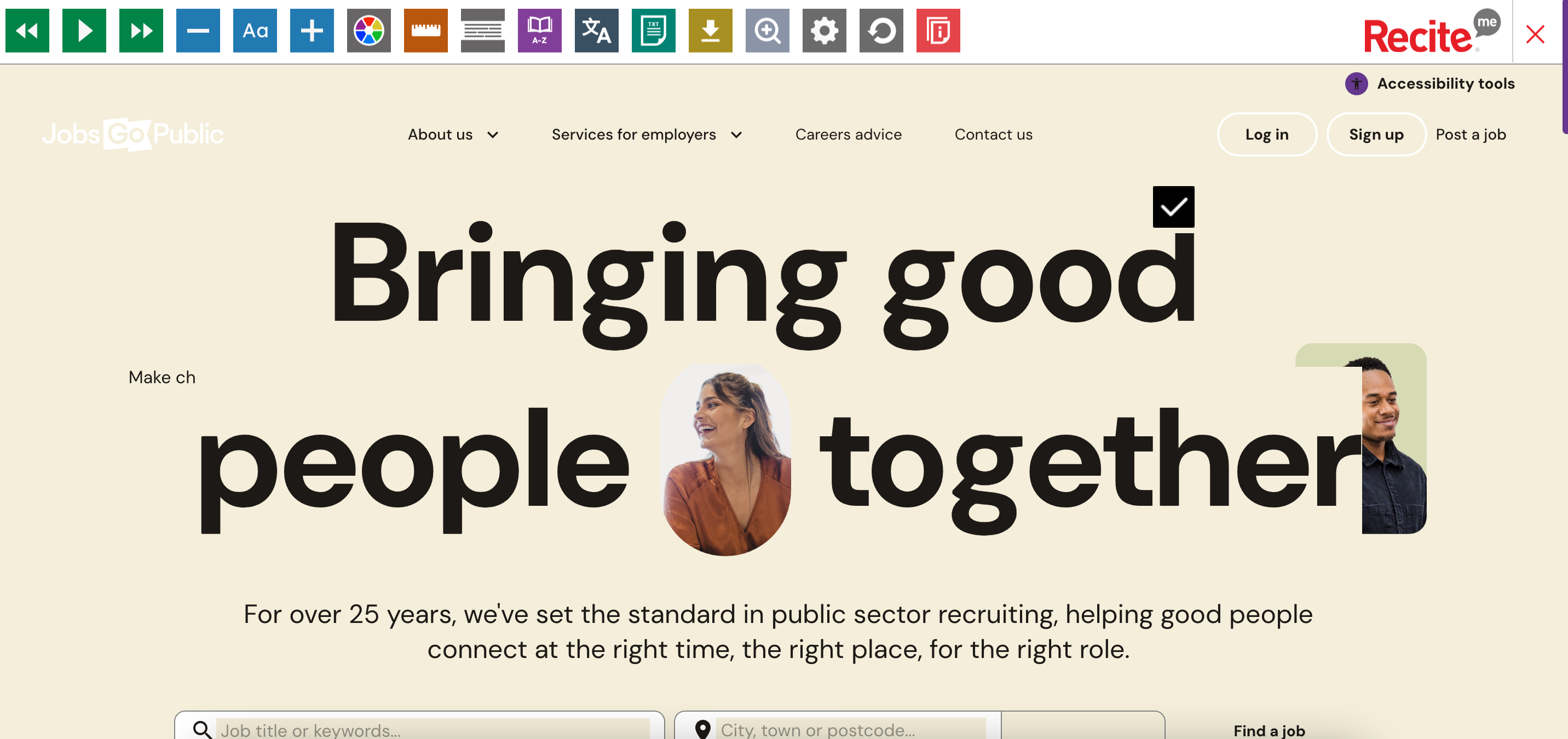 A screen grab of Jobs Go Public homepage with beige background and black text