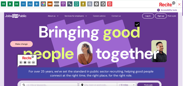 A screenshot of Jobs Go Public homepage. Text stating "For over 25 years, we've set the standard in public sector recruiting, helping good people connect at the right time, the right place, for the right role." is highlighted with a screenreader tooltip.