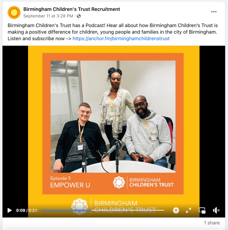 Birmingham Children's Trust Recruitment podcast Facebook screenshot. Text: Birmingham Children's Trust has a podcast! Hear all about how Birmingham Children's Trust is making a positive difference for children, young people and families in the city of Birmingham. Listen and subscribe now
