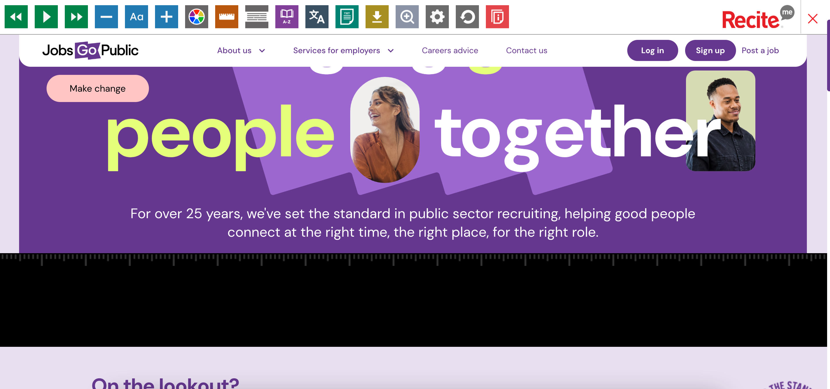 Screen grab of Jobs Go Public homepage: the Recite Me toolbar is visible and there is a black ruler on screen lined up underneath the strapline text