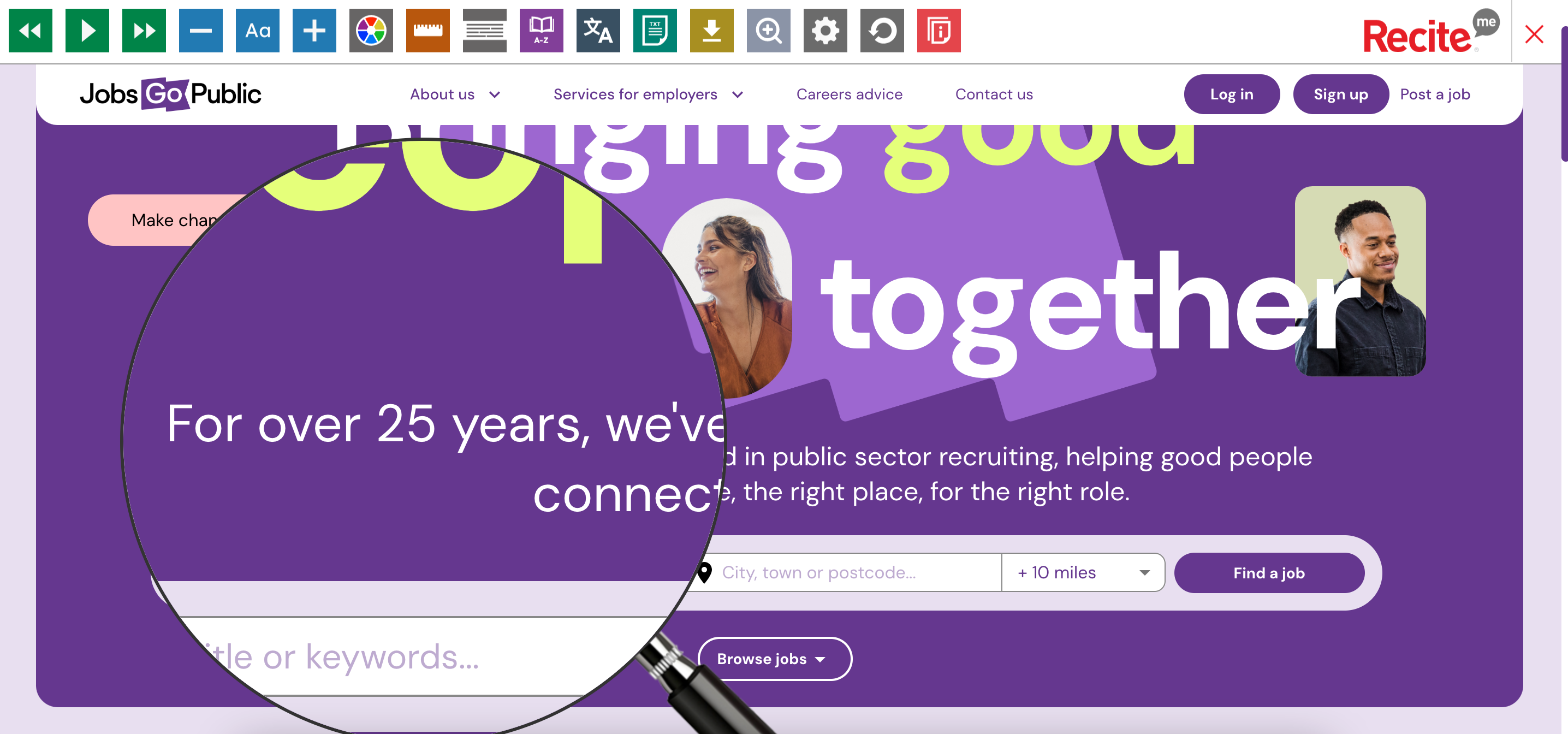 Screen grab of Jobs Go Public homepage: the Recite Me toolbar is visible and the magnifying tool is active on screen. The tool is hovering over the strapline magnifying the words "For over 25 years,"