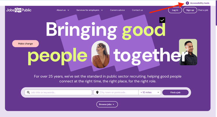 A screen capture of the Jobs Go Public homepage. A red arrow is pointing to the "accessibility tools" button in the top right corner of the webpage.