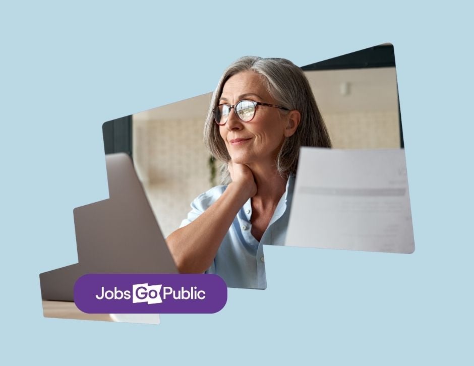 Blue background with a graphic of a woman holding a CV and glancing at her laptop