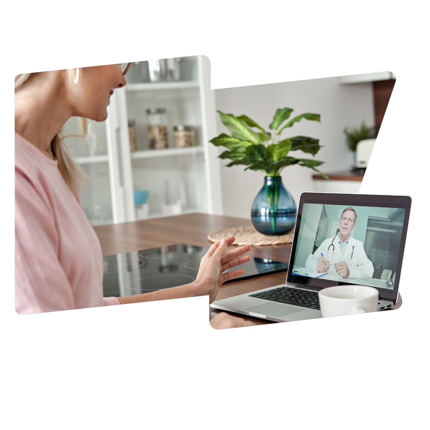 A woman is sat at her kitchen counter with her laptop on a video call with her doctor