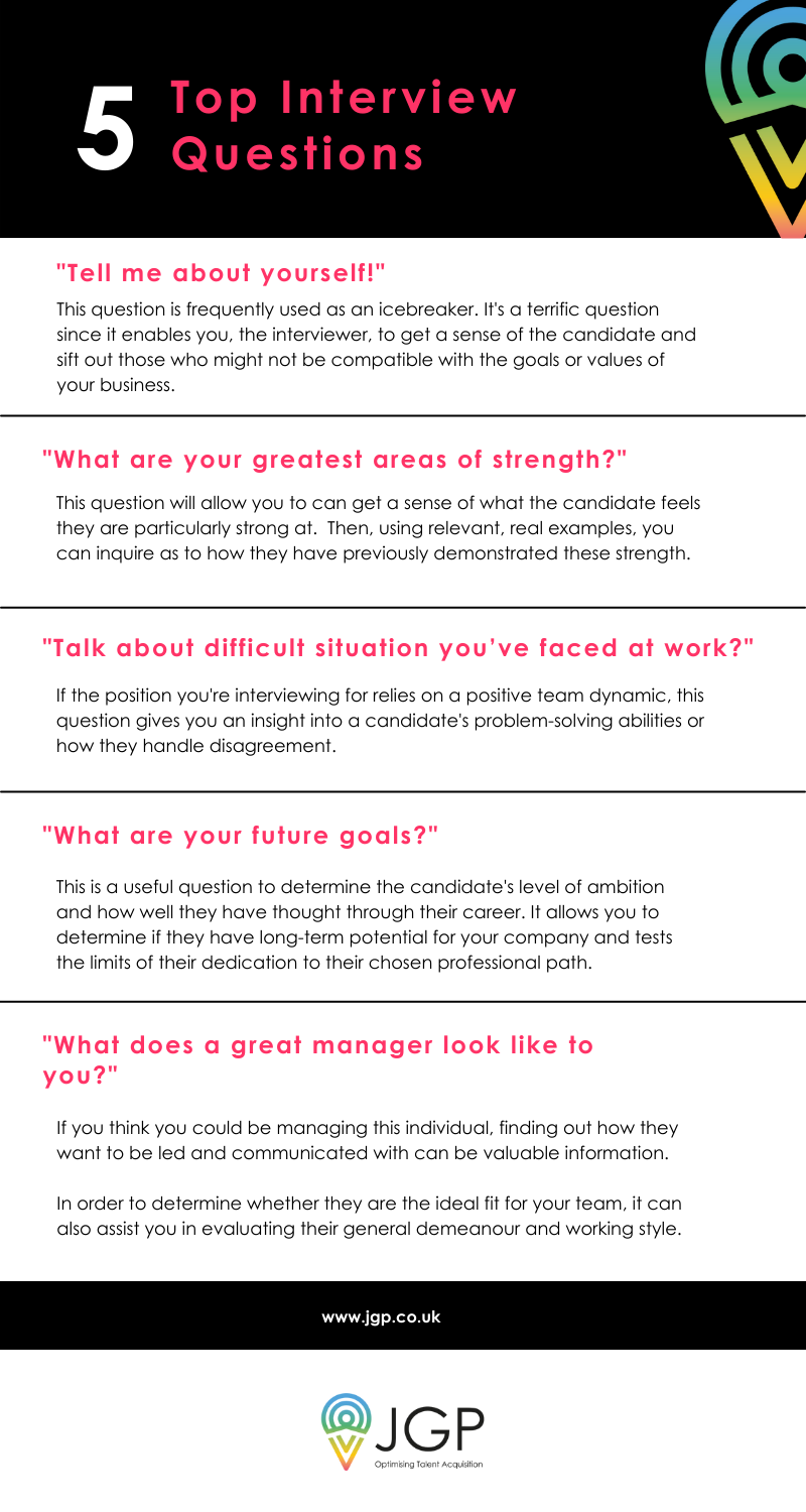 5 Top Interview Questions infographic. 1. "Tell me about yourself?" 2. "What are your greatest areas of strength?" 3. "Talk about a difficult situation you've faced at work?" 4. "What are your future goals?" 5. "What does a great manager look like to you?"