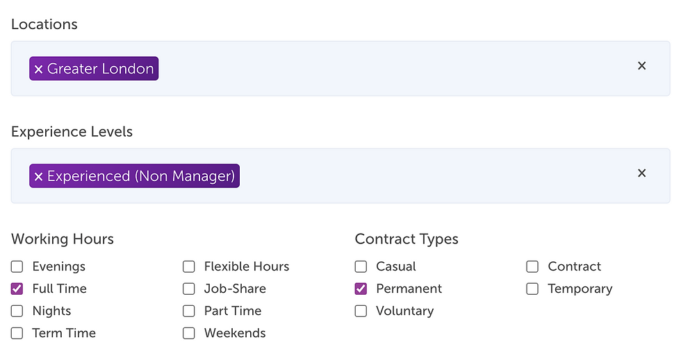 Screenshot of jobsgopublic advanced search with filters for London, Experienced, Full Time and Permanent jobs