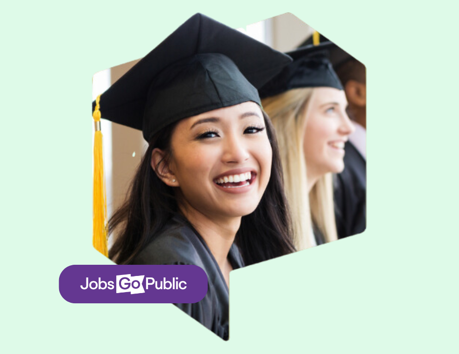 Speech bubble shaped cut out of a smiling woman in a graduation cap and gown against a mint green background