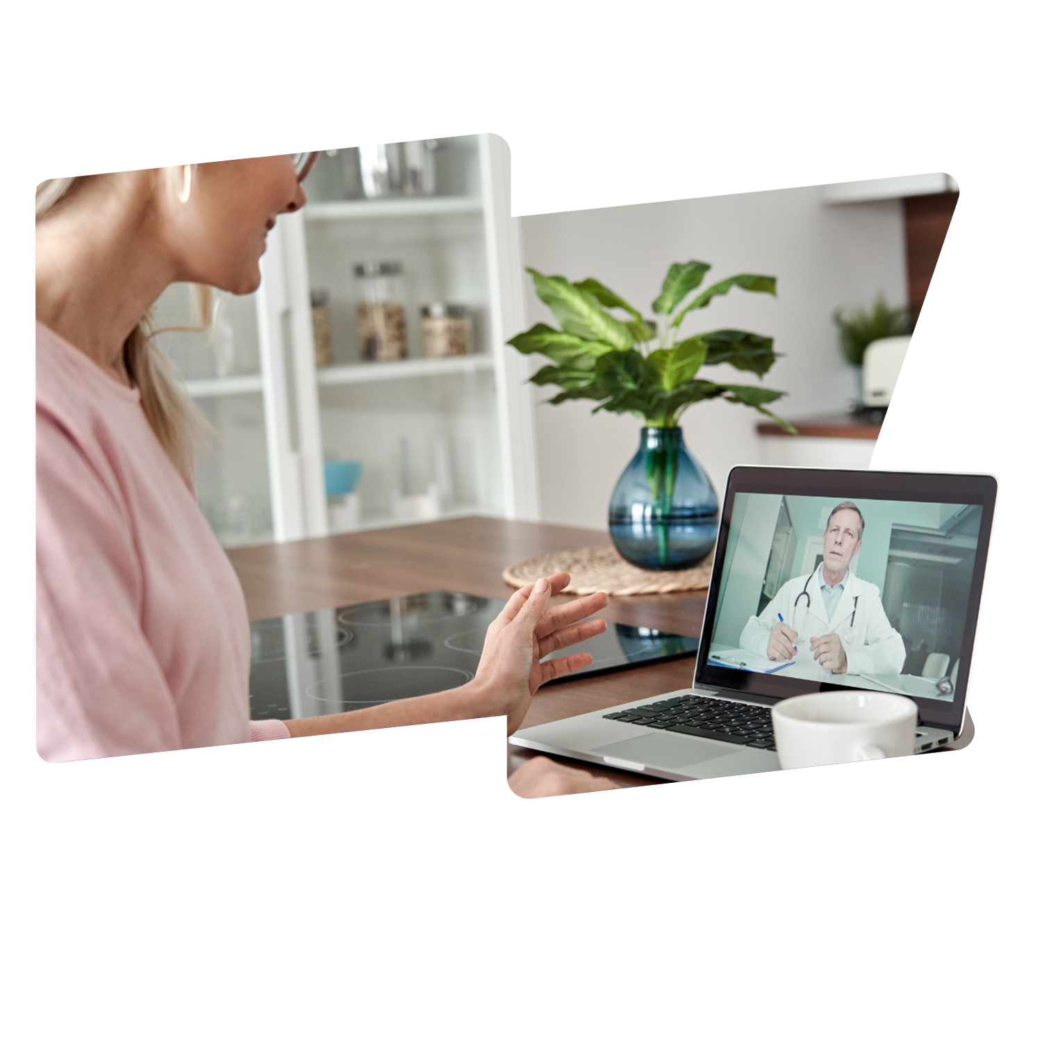 Woman in a pink top is in a conference call with a doctor on her laptop