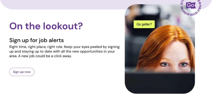 Screenshot of the Jobs Go Public website's "Sign up now" button for job alerts